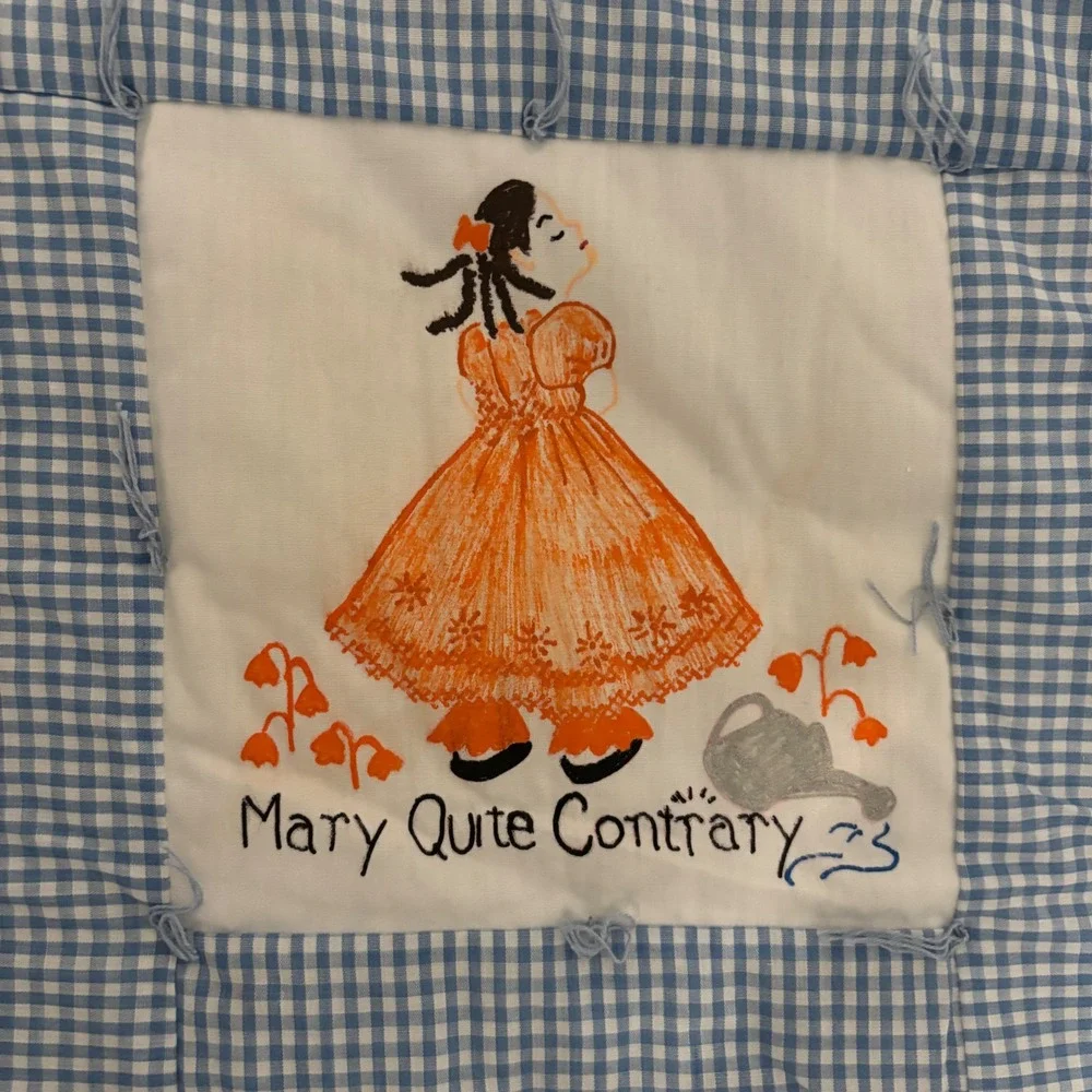 Vintage Nursery Rhyme Crib Quilt Hand Painted Gingham Blue White 12 Panel